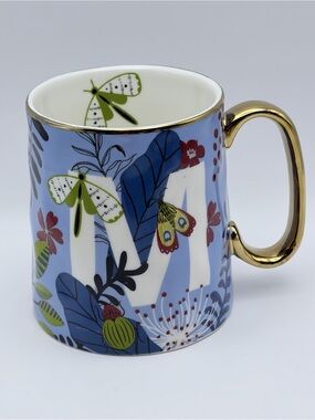 SH Home, Blue, Ceramic, Letter “M” Mug, Insect/Floral, Gold Handle/Rim, 16oz